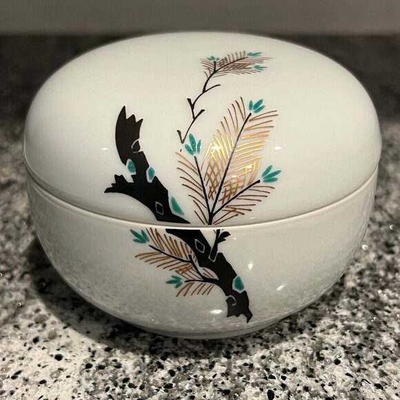 Fukagawa Porcelain Trinket Jar w Lid Storage Container Japan Teal Gold Vintage - Picture 1 of 6